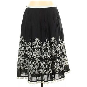 Ann Taylor Loft Beaded Floral Batik B&W Cotton Skirt Tassel Pompom Trim | 12 GUC